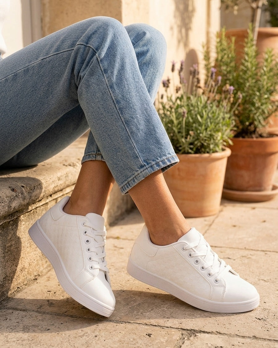 Baskets en simili à motif damier - Blanc