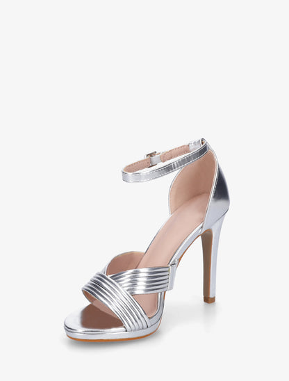 Sandales à talon haut à brides texturées - Argent - 3