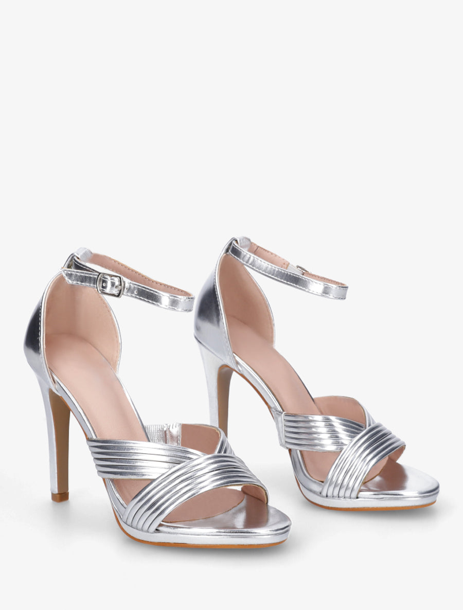 Sandales à talon haut à brides texturées - Argent - 4
