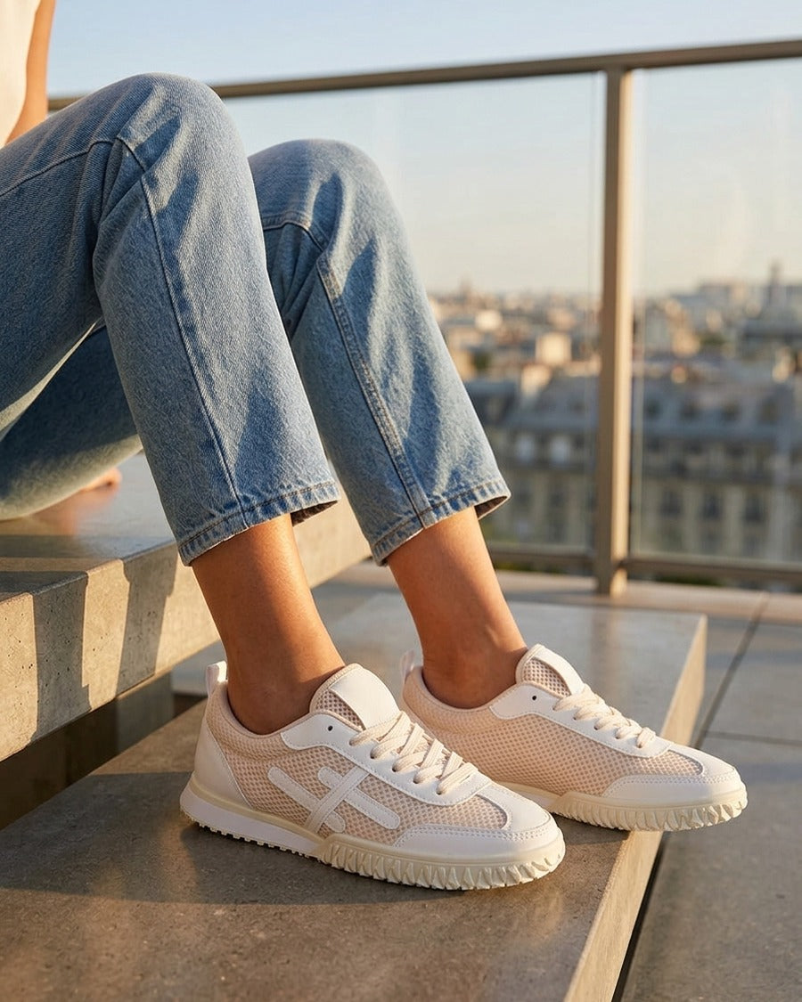 Baskets bimatière à bandes fantaisies - Blanc
