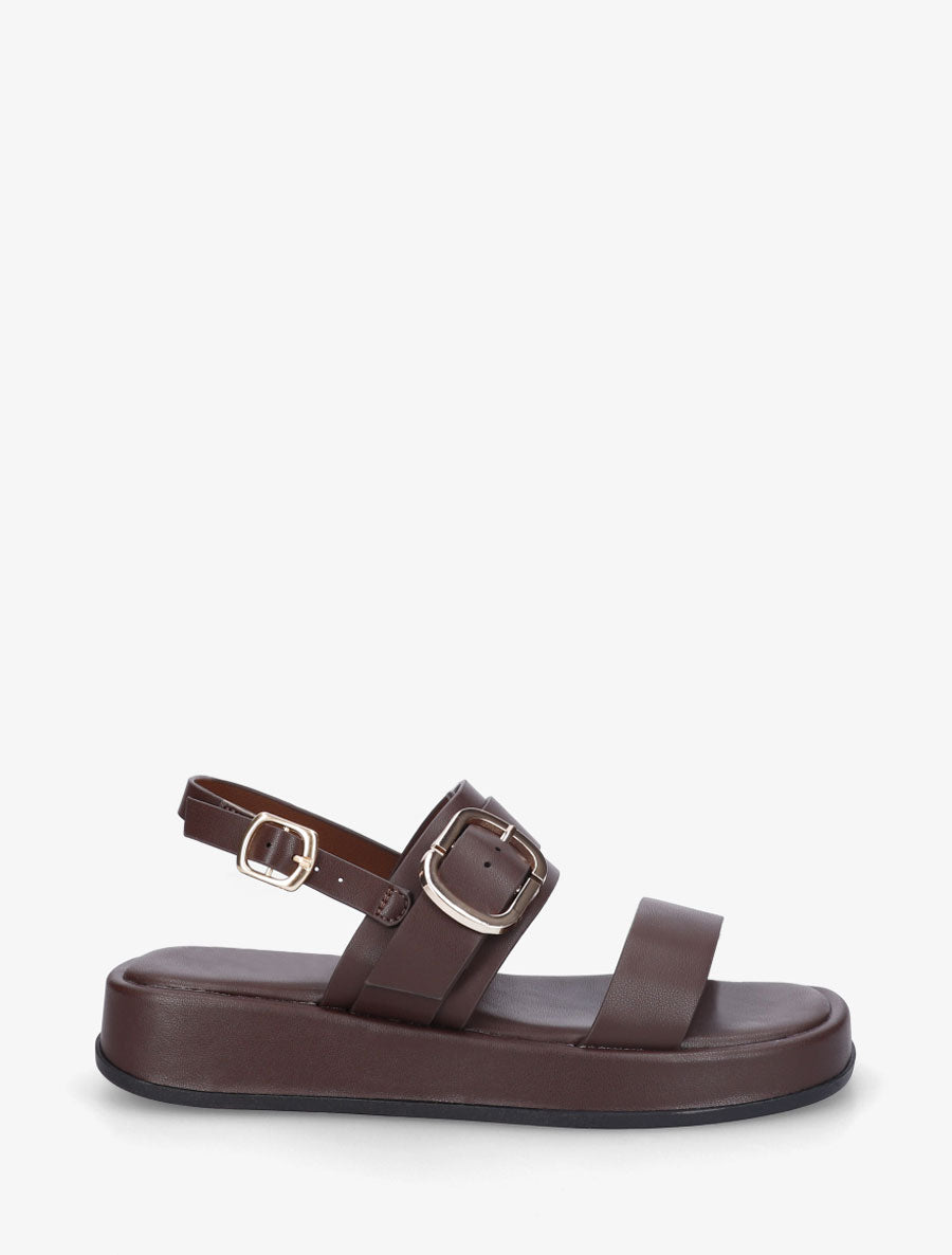 Nu-pieds uni en simili à double boucles - Marron - 1