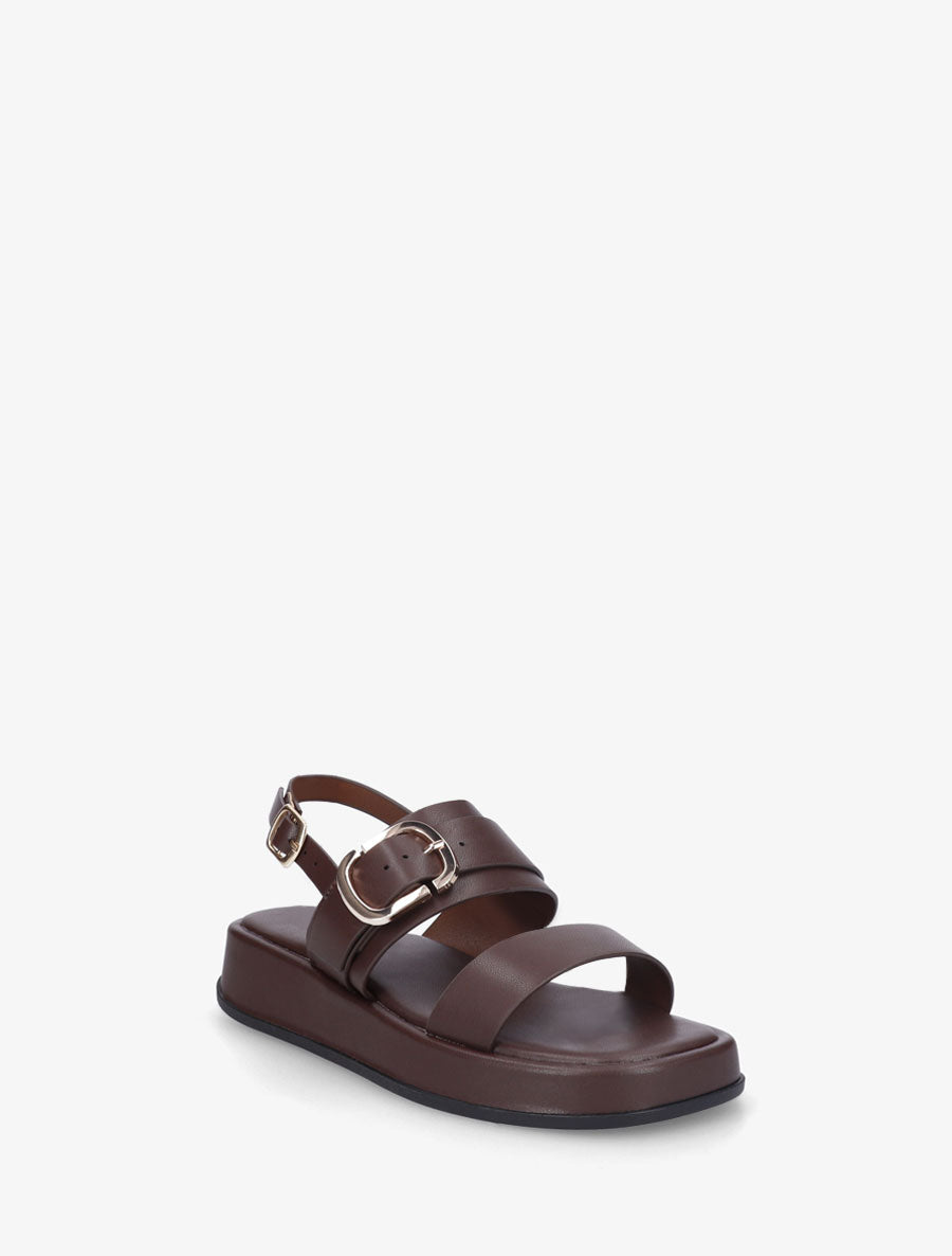 Nu-pieds uni en simili à double boucles - Marron - 2