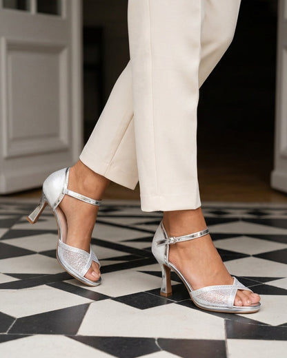 Sandales effet dentelle à strass - Argent