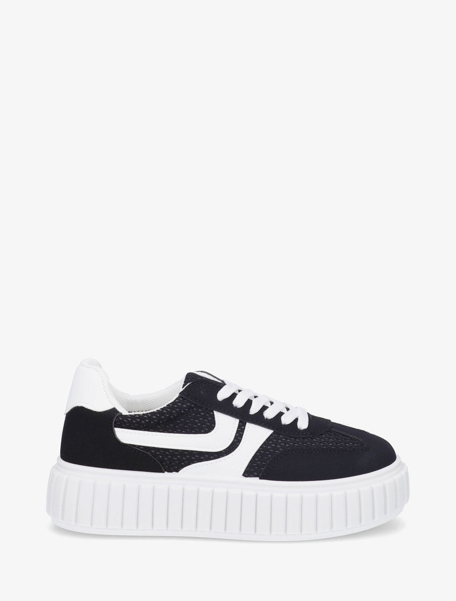 Sneakers bimatière à plateforme striée - Noir - 1