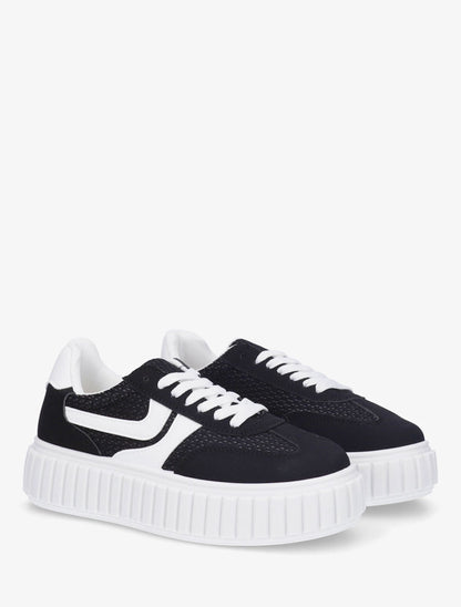 Sneakers bimatière à plateforme striée - Noir - 4