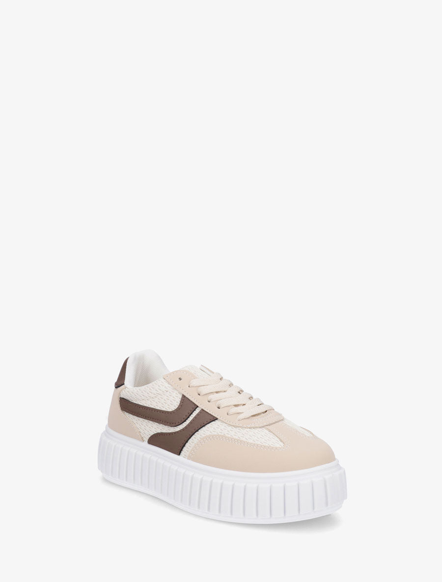 Sneakers bimatière à plateforme striée - Beige - 2