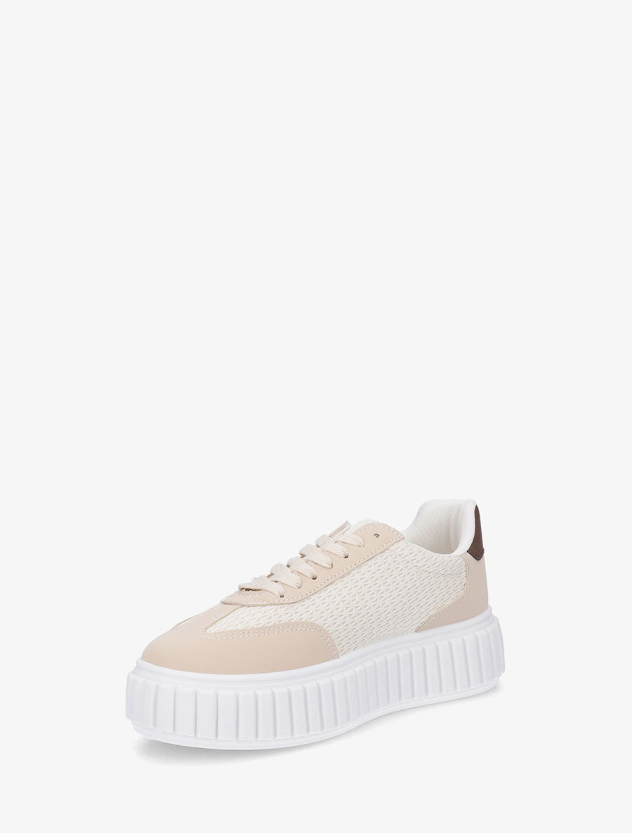 Sneakers bimatière à plateforme striée - Beige - 3