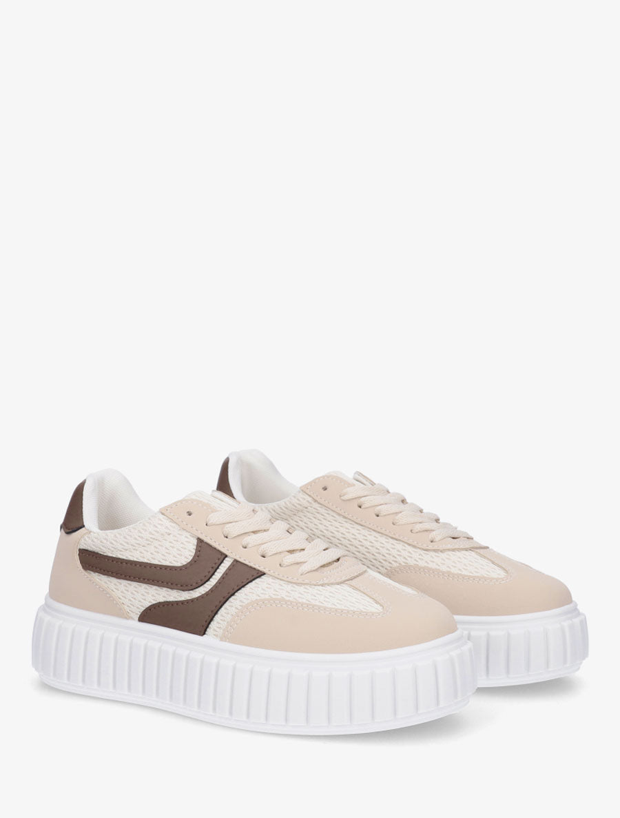 Sneakers bimatière à plateforme striée - Beige - 4