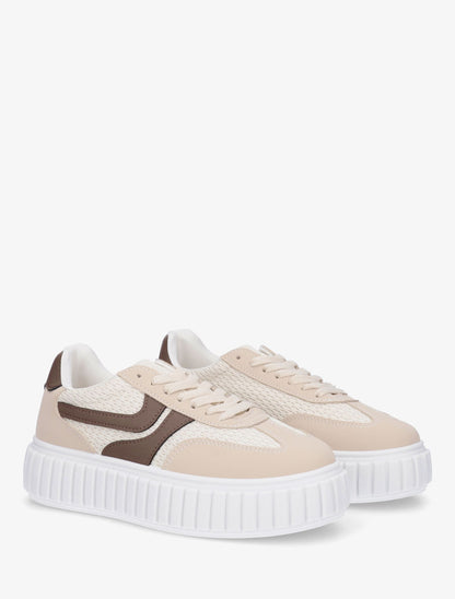 Sneakers bimatière à plateforme striée - Beige - 4