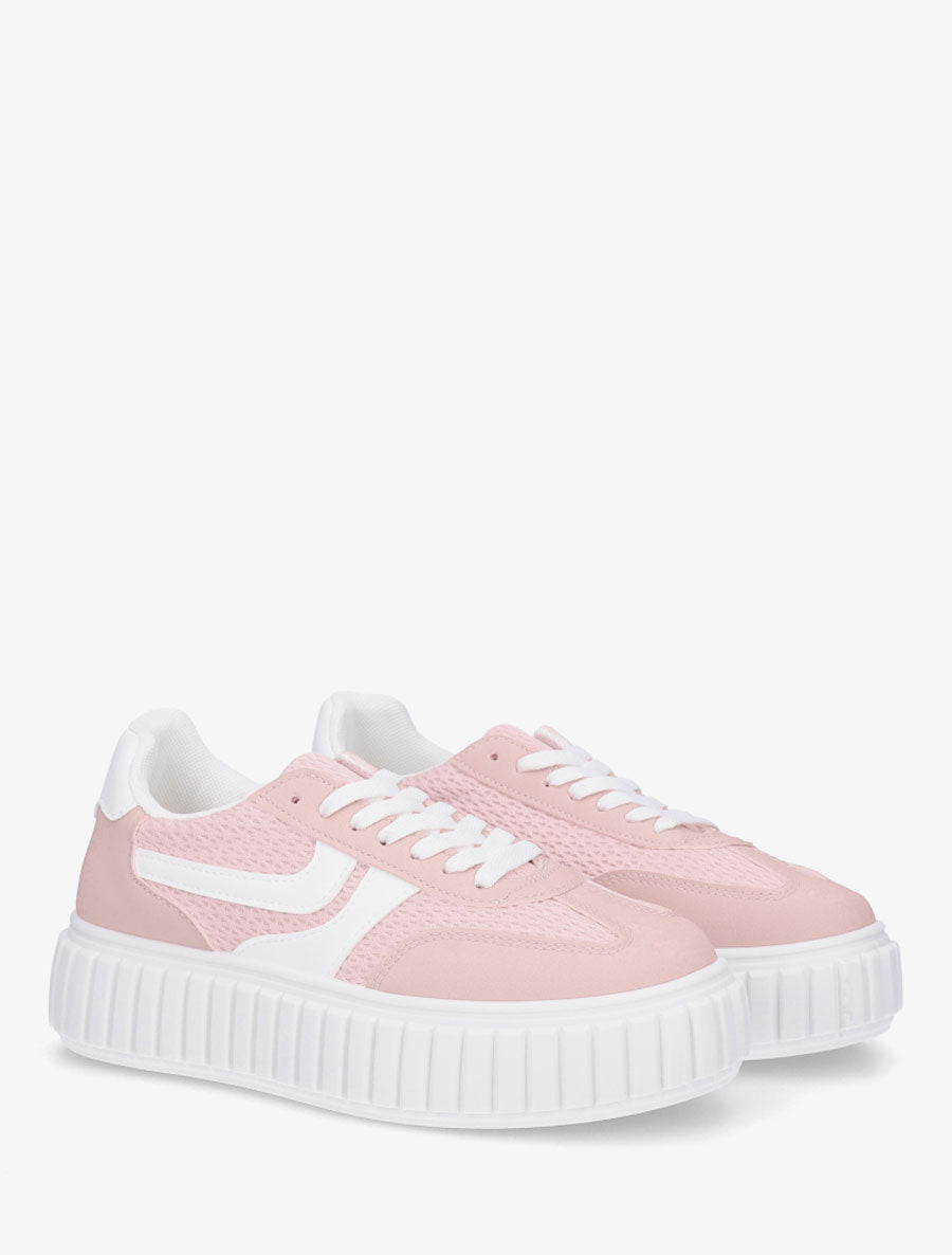 Sneakers bimatière à plateforme striée - Rose - 4