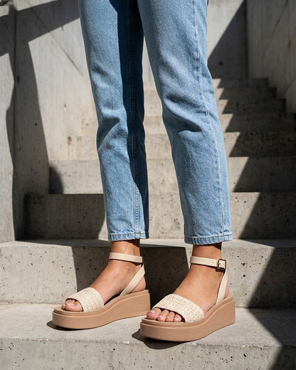 Sandales semi-compensées en raphia tressé - Beige