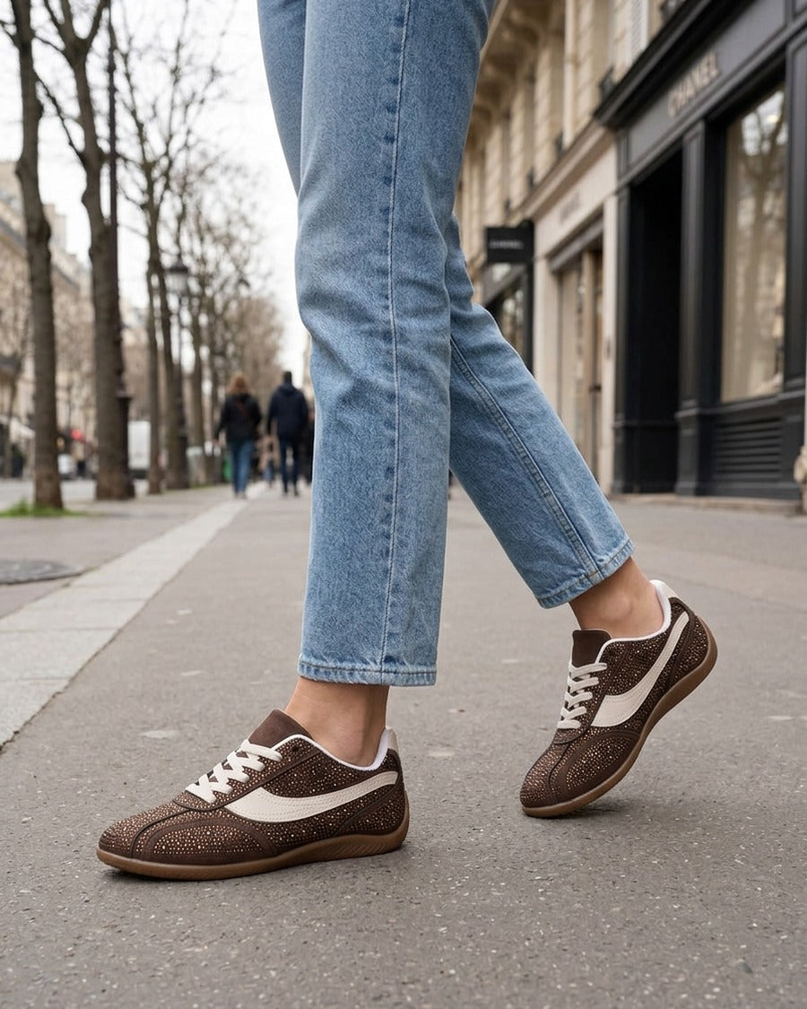 Sneakers en suédine à strass - Marron