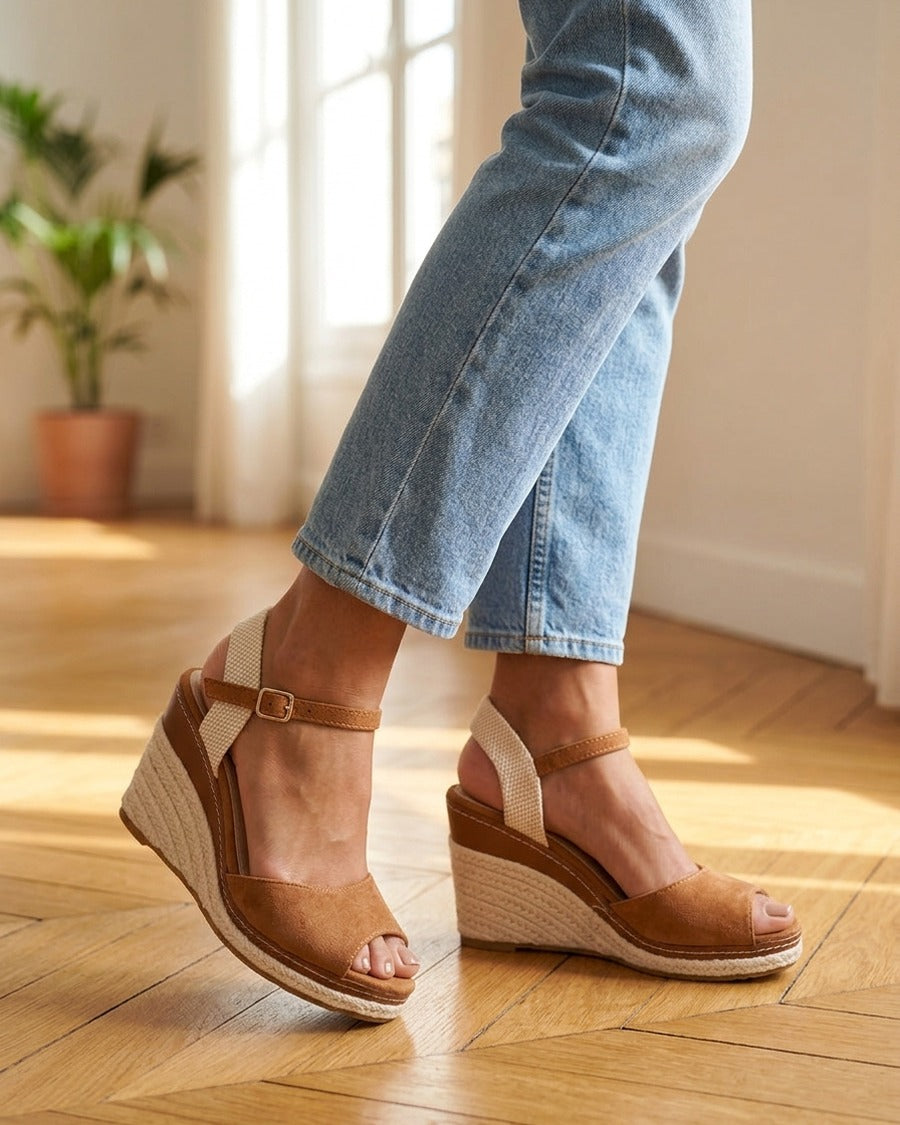 Sandales compensées style espadrille - Camel