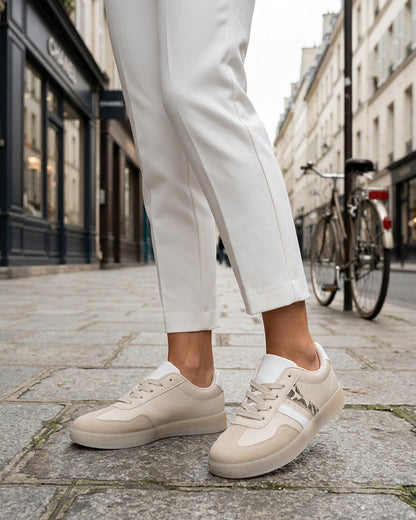 Baskets en simili à bandes contrastantes - Beige