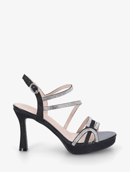 Sandales à talon et brides fantaisies strassées - Noir - 1
