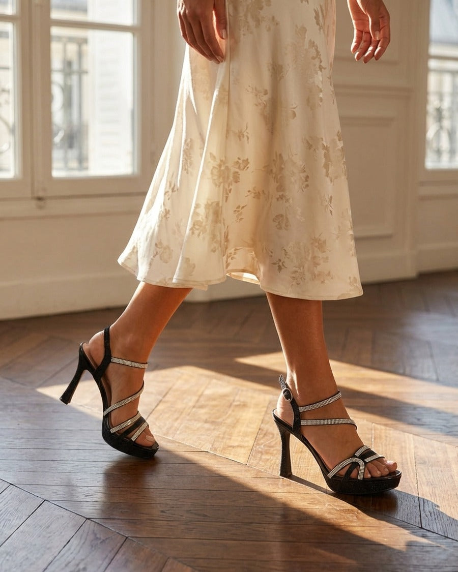 Sandales à talon et brides fantaisies strassées - Noir