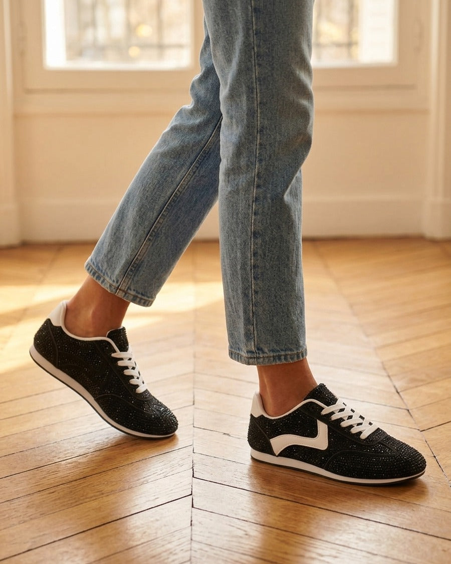 Sneakers effet nubuck à strass - Noir