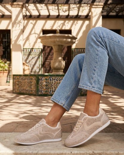 Sneakers effet nubuck à strass - Beige