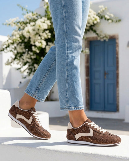 Sneakers effet nubuck à strass - Marron