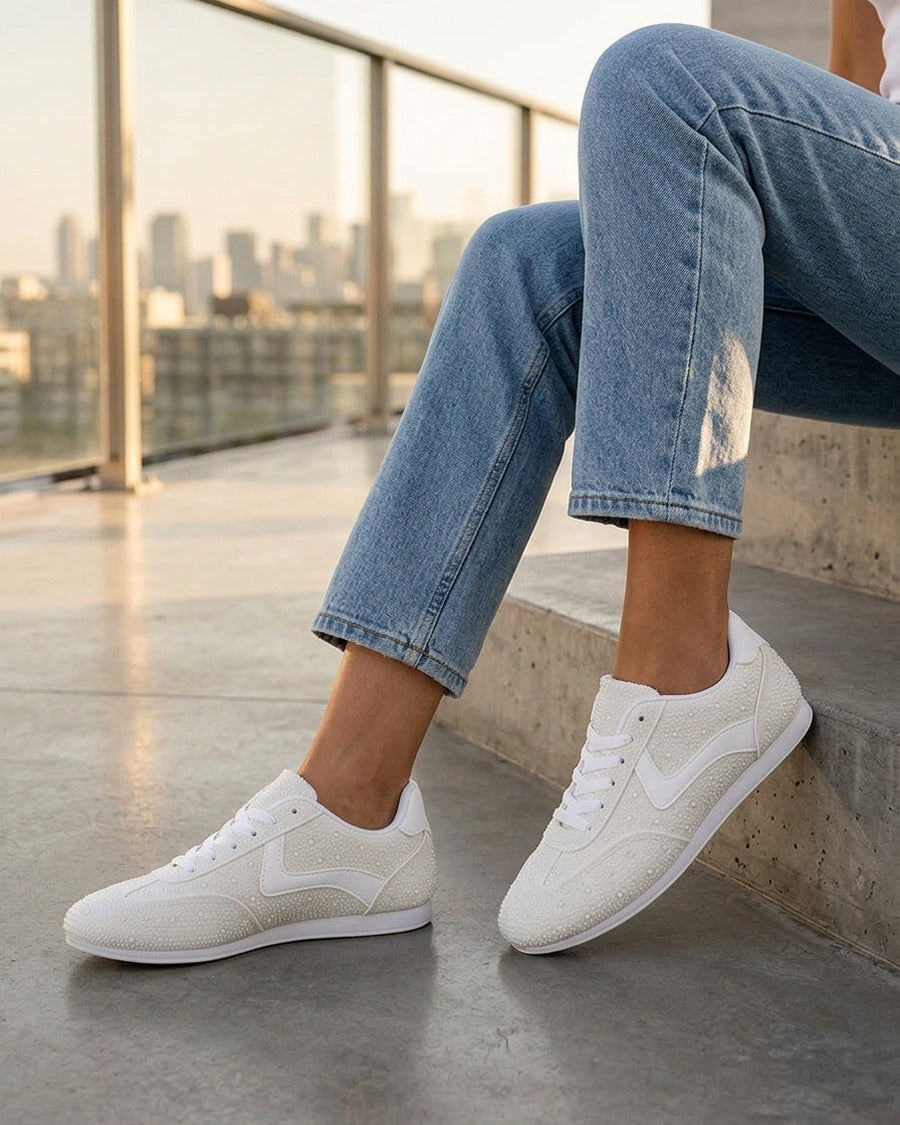 Sneakers effet nubuck à strass - Blanc