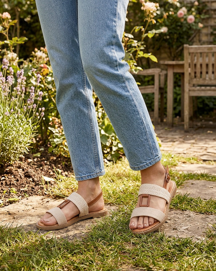 Nu-pieds bi-matière à bijou rectangle - Beige