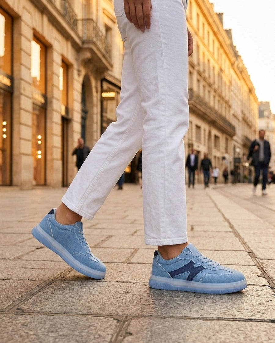 Tennis en jean à empiècement graphique - Bleu denim
