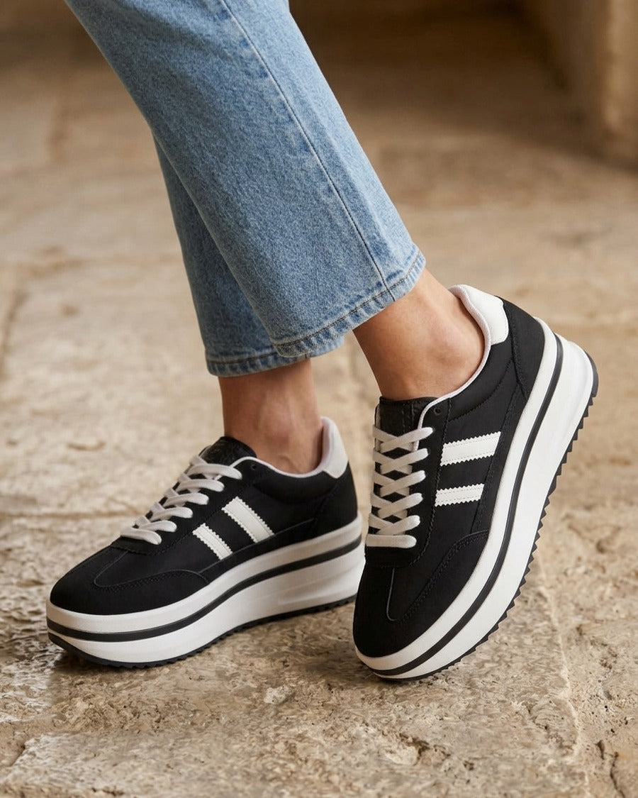 Sneakers à plateforme et empiècement effet nubuck - Noir