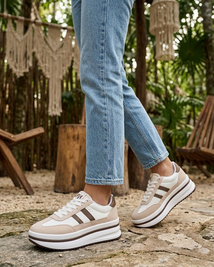 Sneakers à plateforme et empiècement effet nubuck - Beige