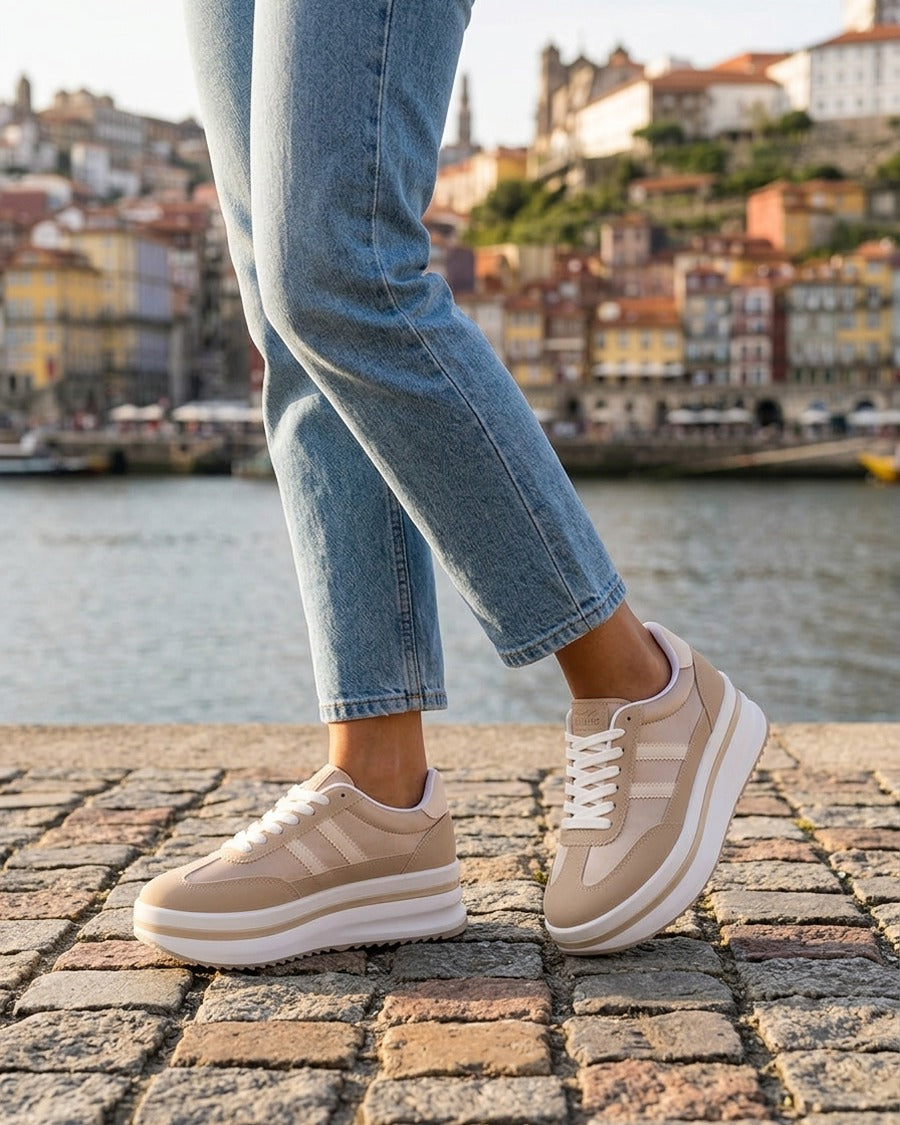 Sneakers à plateforme et empiècement effet nubuck - Camel