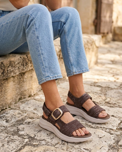 Sandales en tissu irisé à boucle et scratch - Marron