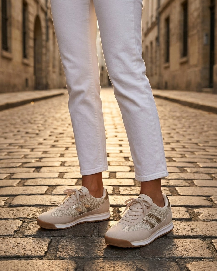 Sneakers plates à bandes effet nubuck et contrefort contrastantes - Beige