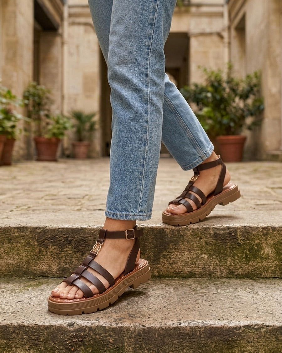 Sandales plates style spartiate - Marron