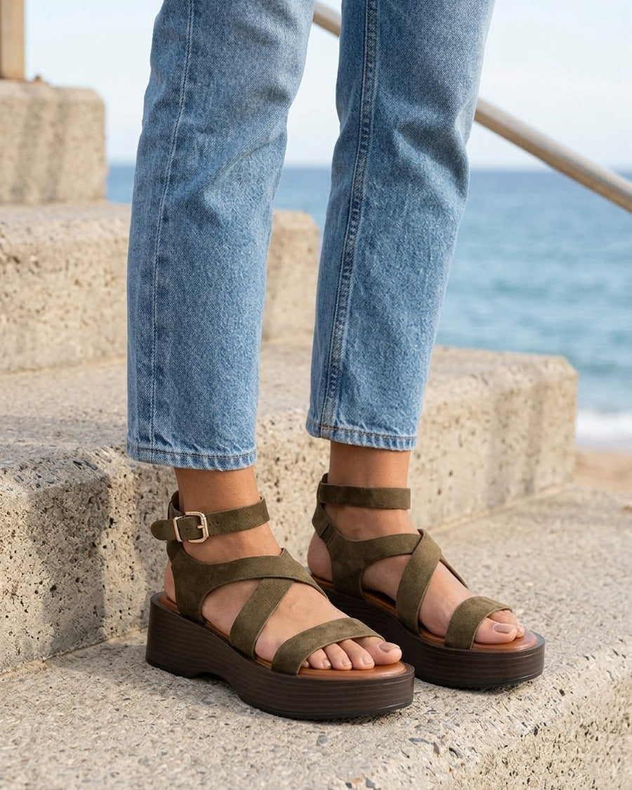 Sandales à semelle effet bois - Kaki