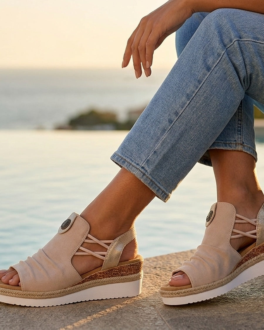 Sandales compensées à médaille rosace - Beige