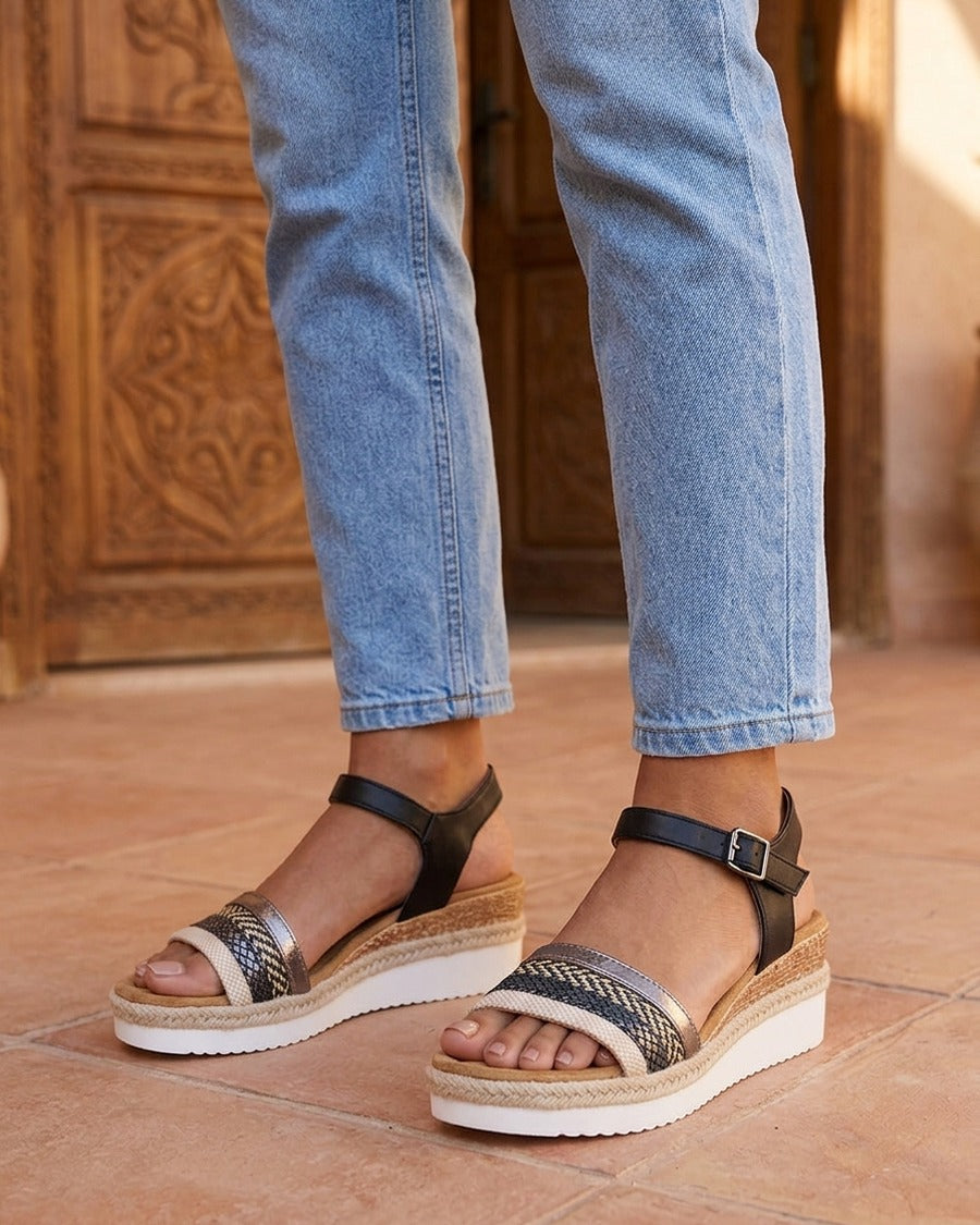 Sandales compensées ornées de tresses texturées - Noir