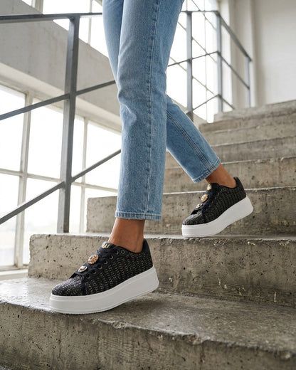 Sneakers en jute tressée à détail irisé - Noir
