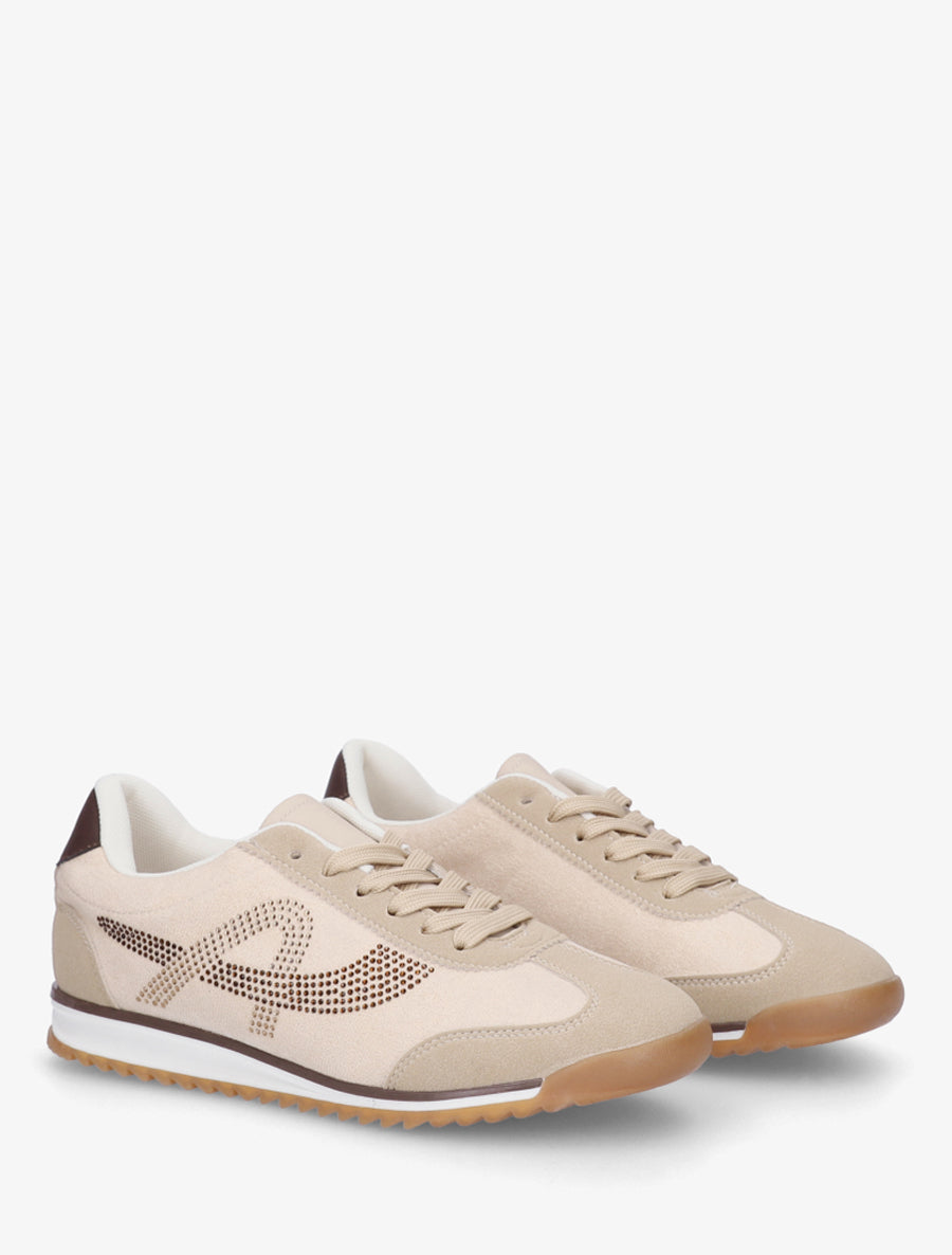 Sneakers à strass en suédine - Beige - 4