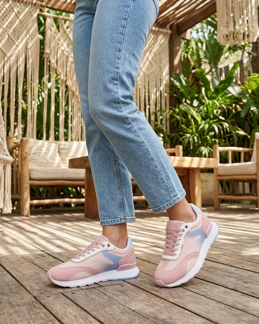 Baskets à bandes stylisées et empiècement effet nubuck - Rose