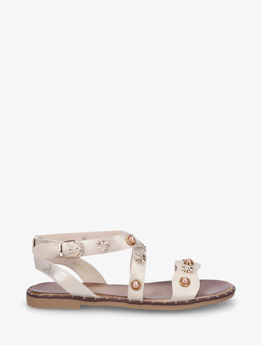Nu-pieds strassés à semelle plate cloutée - Beige - 1