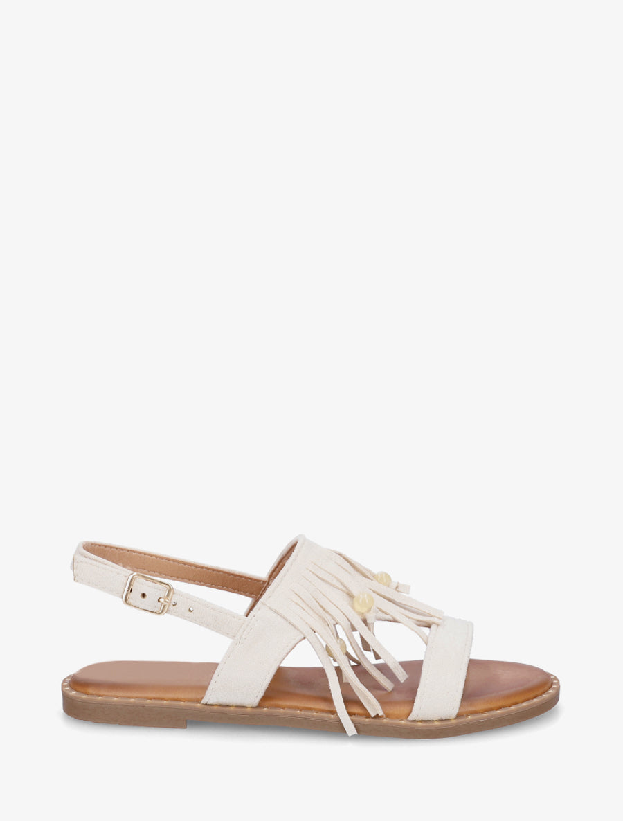 Nu-pieds en suédine à franges et perles - Beige - 1