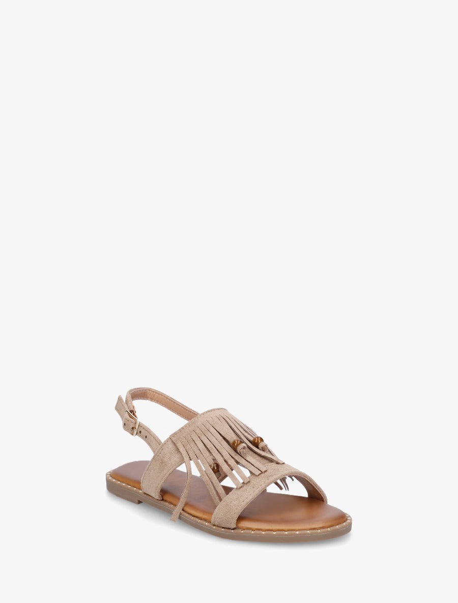 Nu-pieds en suédine à franges et perles - Taupe - 2