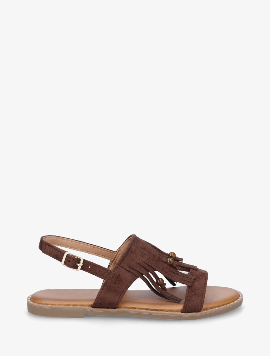 Nu-pieds en suédine à franges et perles - Marron - 1