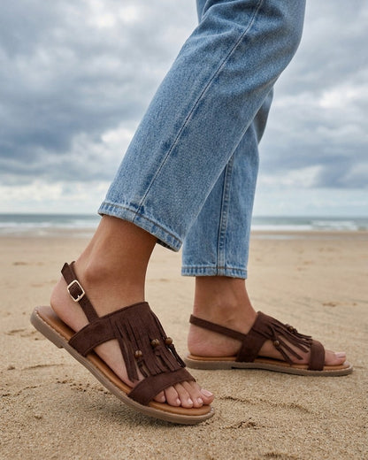 Nu-pieds en suédine à franges et perles - Marron