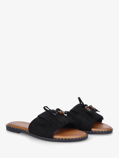 Mules plates à franges et perles en suédine - Noir - 4