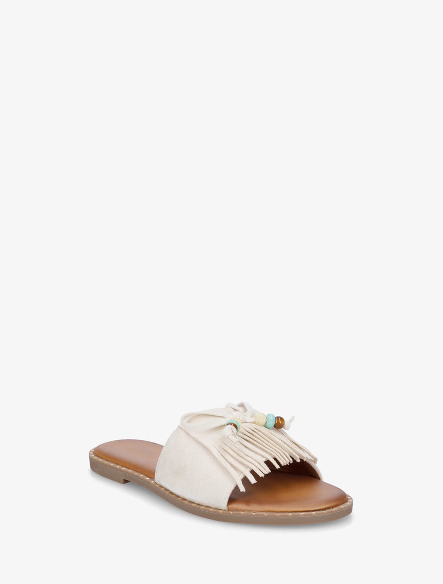 Mules plates à franges et perles en suédine - Beige - 2