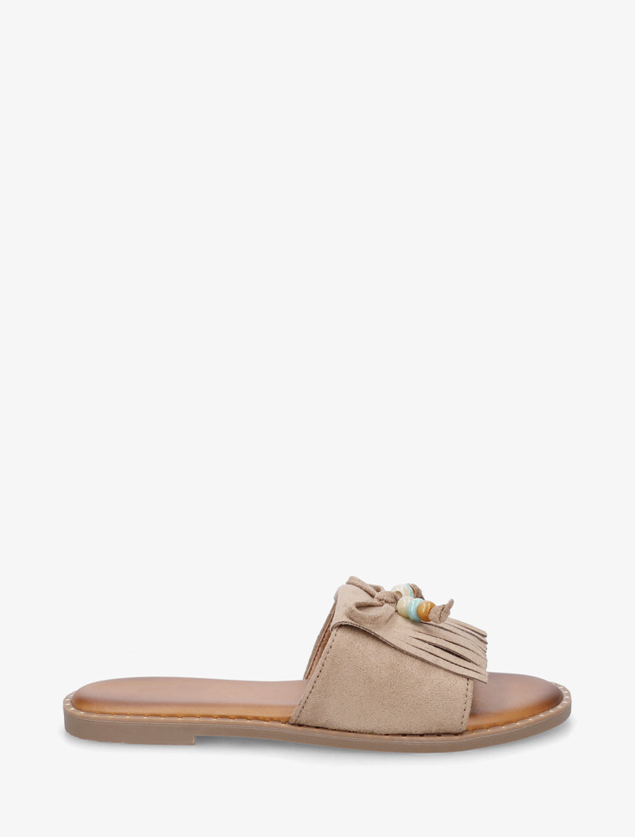 Mules plates à franges et perles en suédine - Taupe - 1