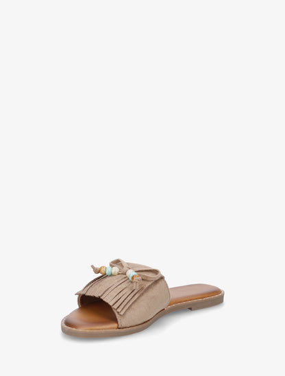 Mules plates à franges et perles en suédine - Taupe - 3