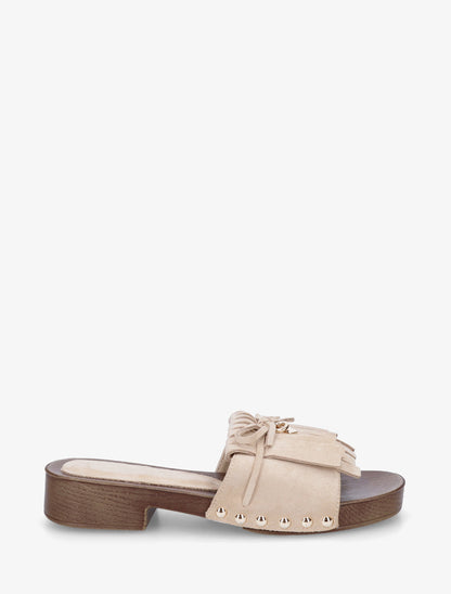 Claquettes en suédine à franges - Beige - 1