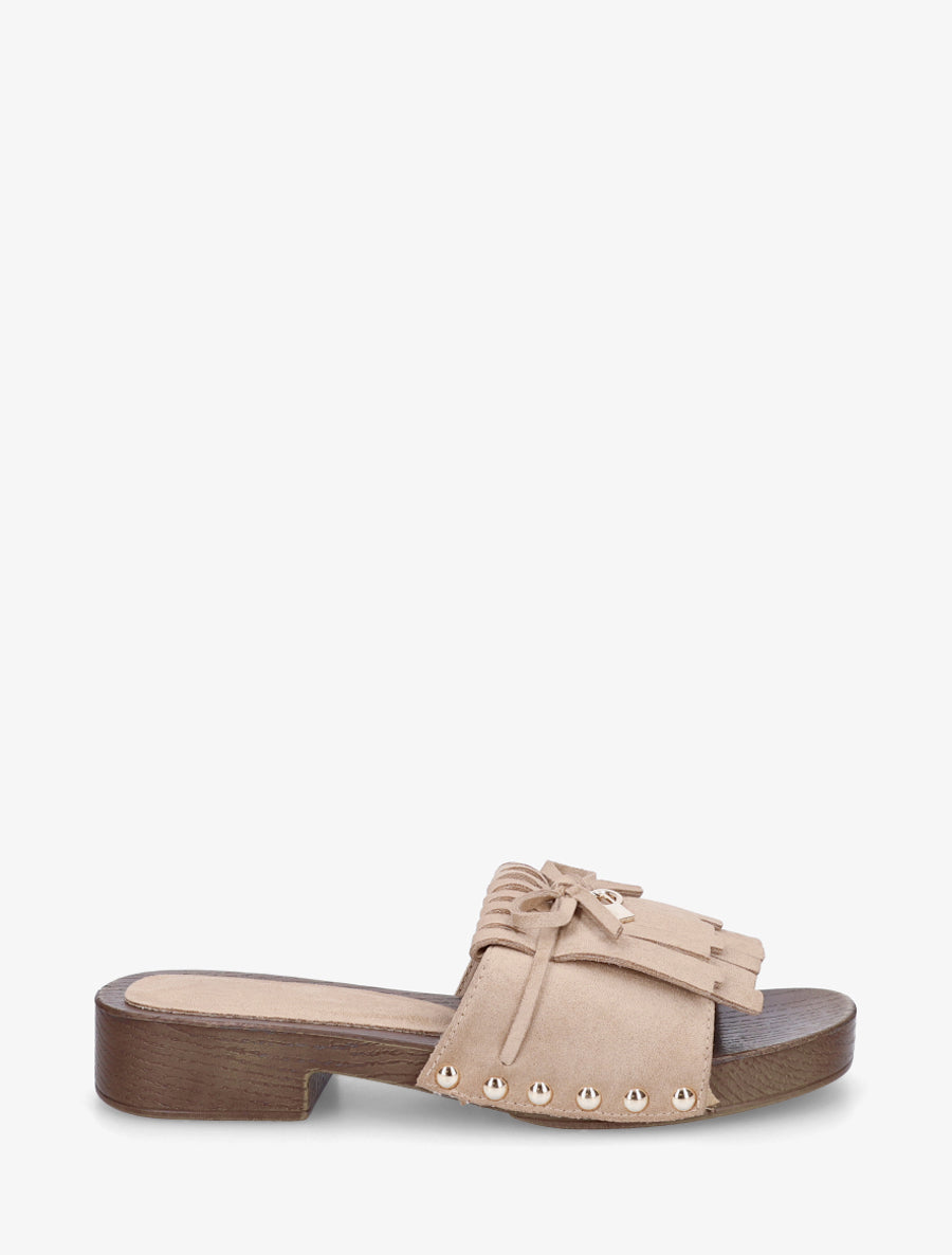 Claquettes en suédine à franges - Taupe - 1