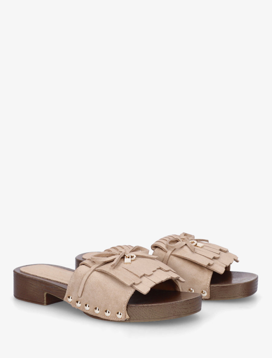 Claquettes en suédine à franges - Taupe - 4